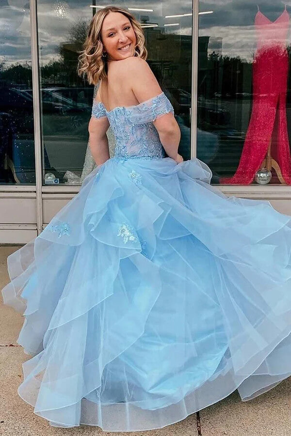Light Blue Halter Ball Gown Evening Dress,High Neck Two Piece Formal Gown, Blue Lace Tulle Prom Gown | Honey Dress